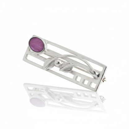 Sterling Silver Bar Brooch with flower detail and handpainted resin inset