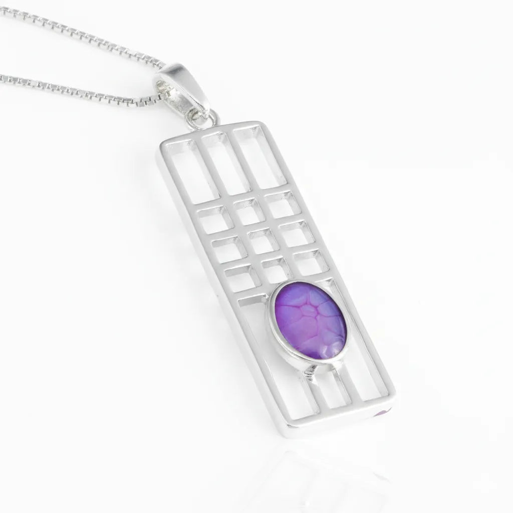 Sterling Silver Mackintosh Style Pendant with handpainted purple resin inset & box chain