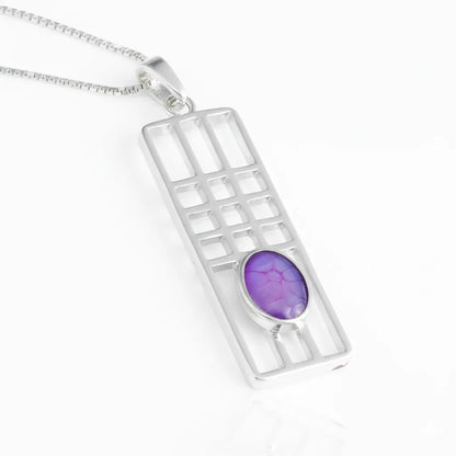 Sterling Silver Mackintosh Style Pendant with handpainted purple resin inset & box chain