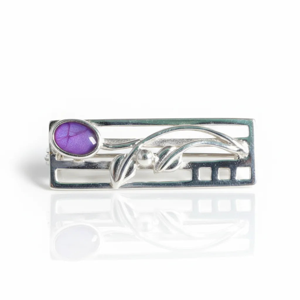 Sterling Silver Bar Brooch with flower detail and handpainted resin inset