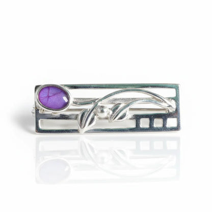 Sterling Silver Bar Brooch with flower detail and handpainted resin inset
