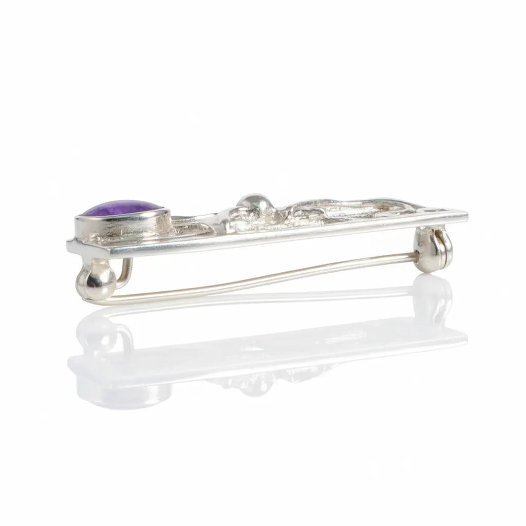 Sterling Silver Bar Brooch with flower detail and handpainted resin inset