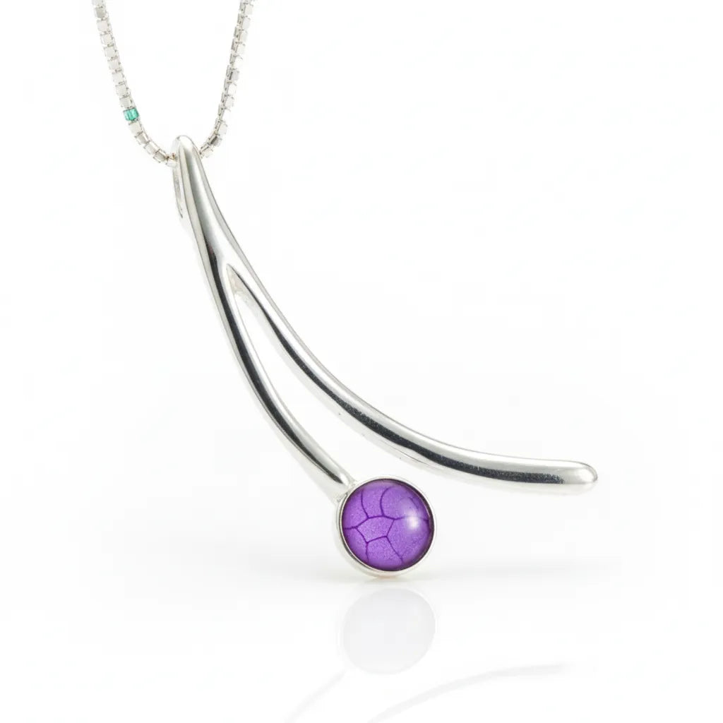 Sterling Silver Wishbone Pendant with handpainted purple resin inset & box chain