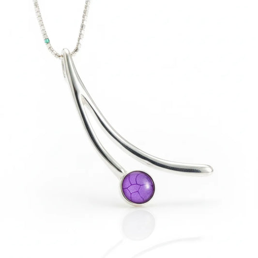 Sterling Silver Wishbone Pendant with handpainted purple resin inset & box chain