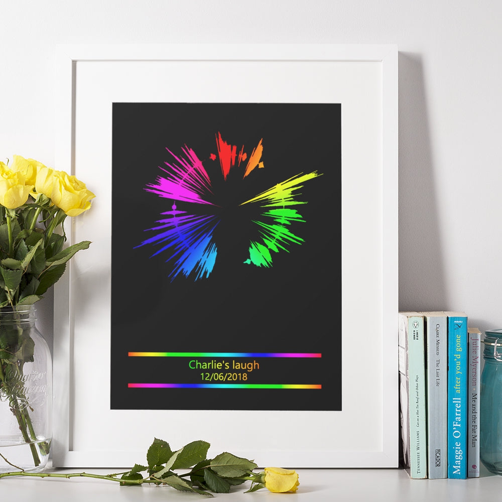 Circular rainbow coloured soundwave print made from a voicemail message