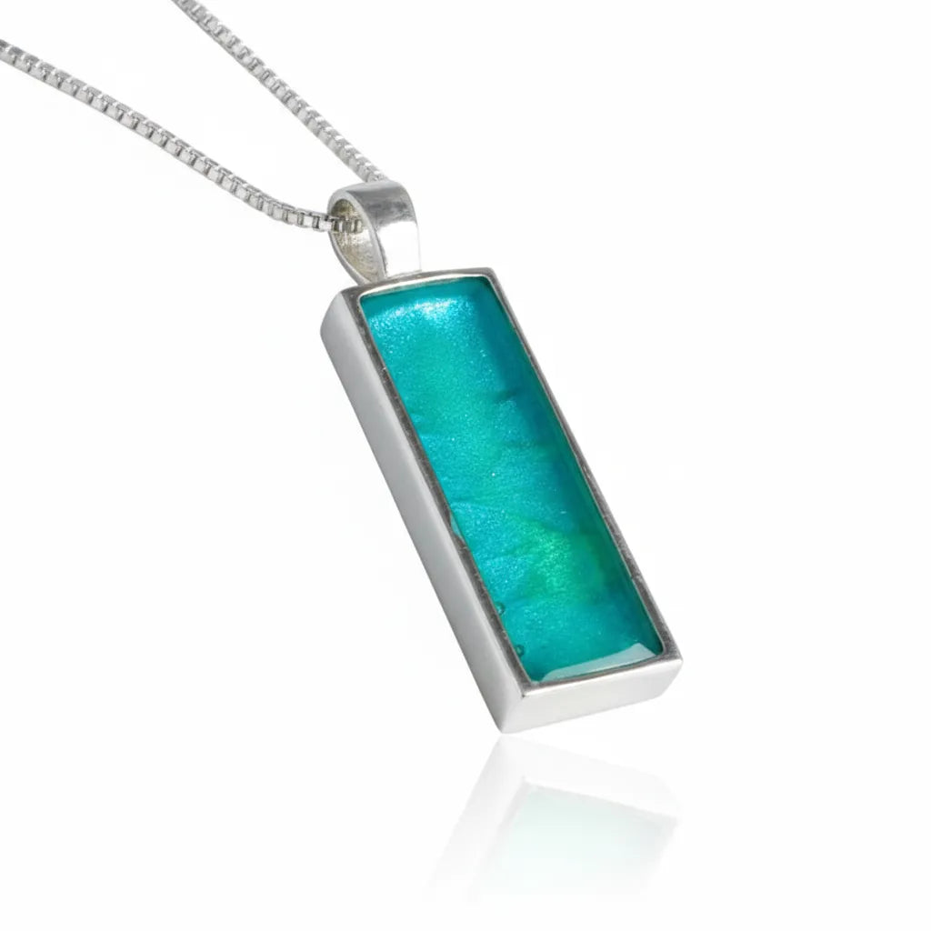Sterling Silver Bar Pendant with handpainted sea green resin inset & box chain