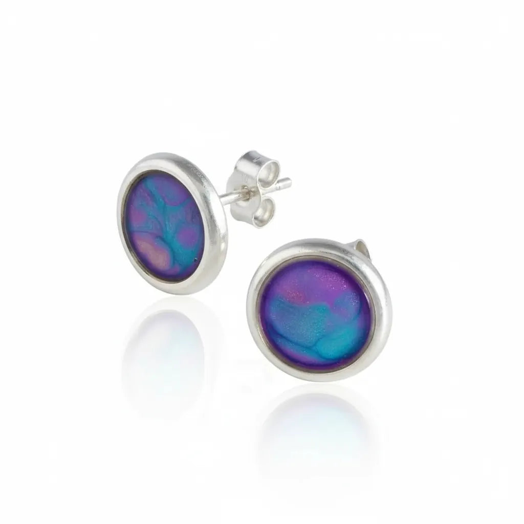 Sterling Silver Round Stud Earrings with handpainted blue/purple resin inset