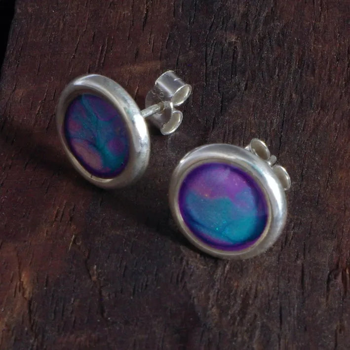 Sterling Silver Round Stud Earrings with handpainted blue/purple resin inset