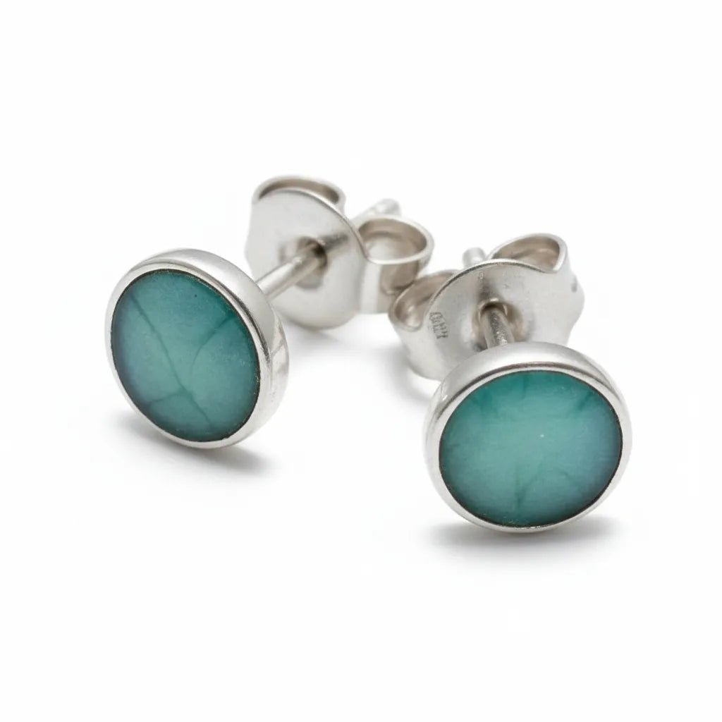 Sterling Silver Small Stud Earrings with handpainted aqua resin inset