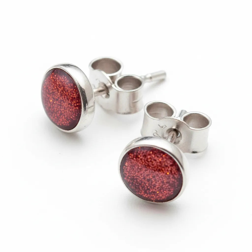 Sterling Silver Small Stud Earrings with handpainted salmon pink resin inset