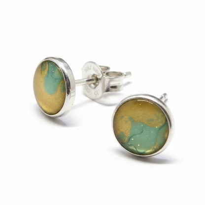 Sterling Silver Small Stud Earrings with handpainted yellow/green resin inset