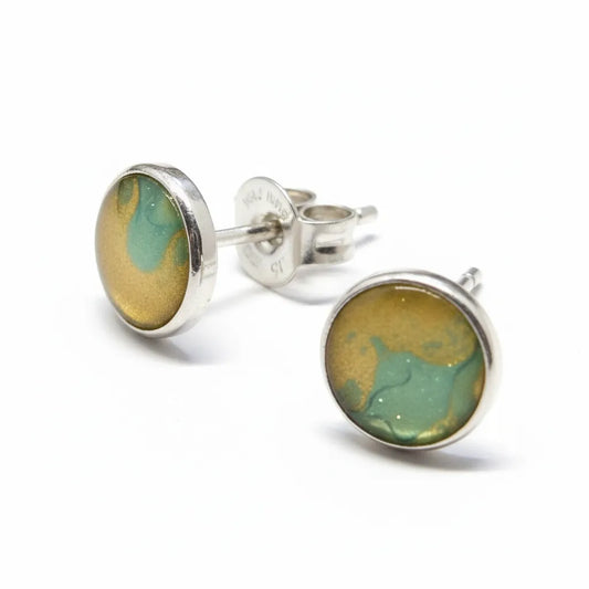 Sterling Silver Small Stud Earrings with handpainted yellow/green resin inset