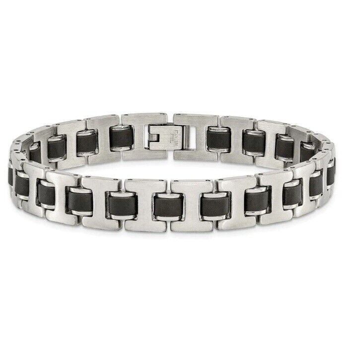 A silver stainless steel bracelet with black rubber inlay accents featuring a fold-over clasp.