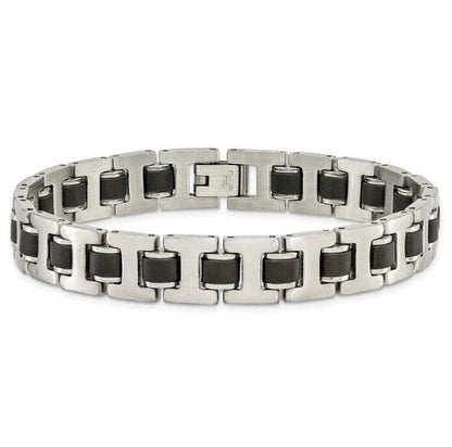 A silver stainless steel bracelet with black rubber inlay accents featuring a fold-over clasp.