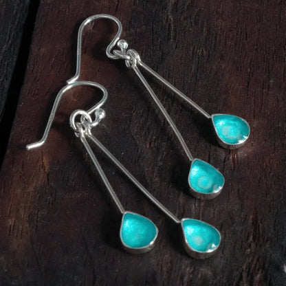 Sterling Silver Teardrop Earrings with handpainted aqua resin inset