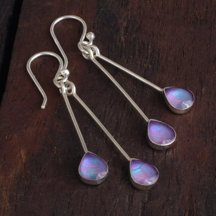 Sterling Silver Teardrop Earrings with handpainted purple blue resin inset