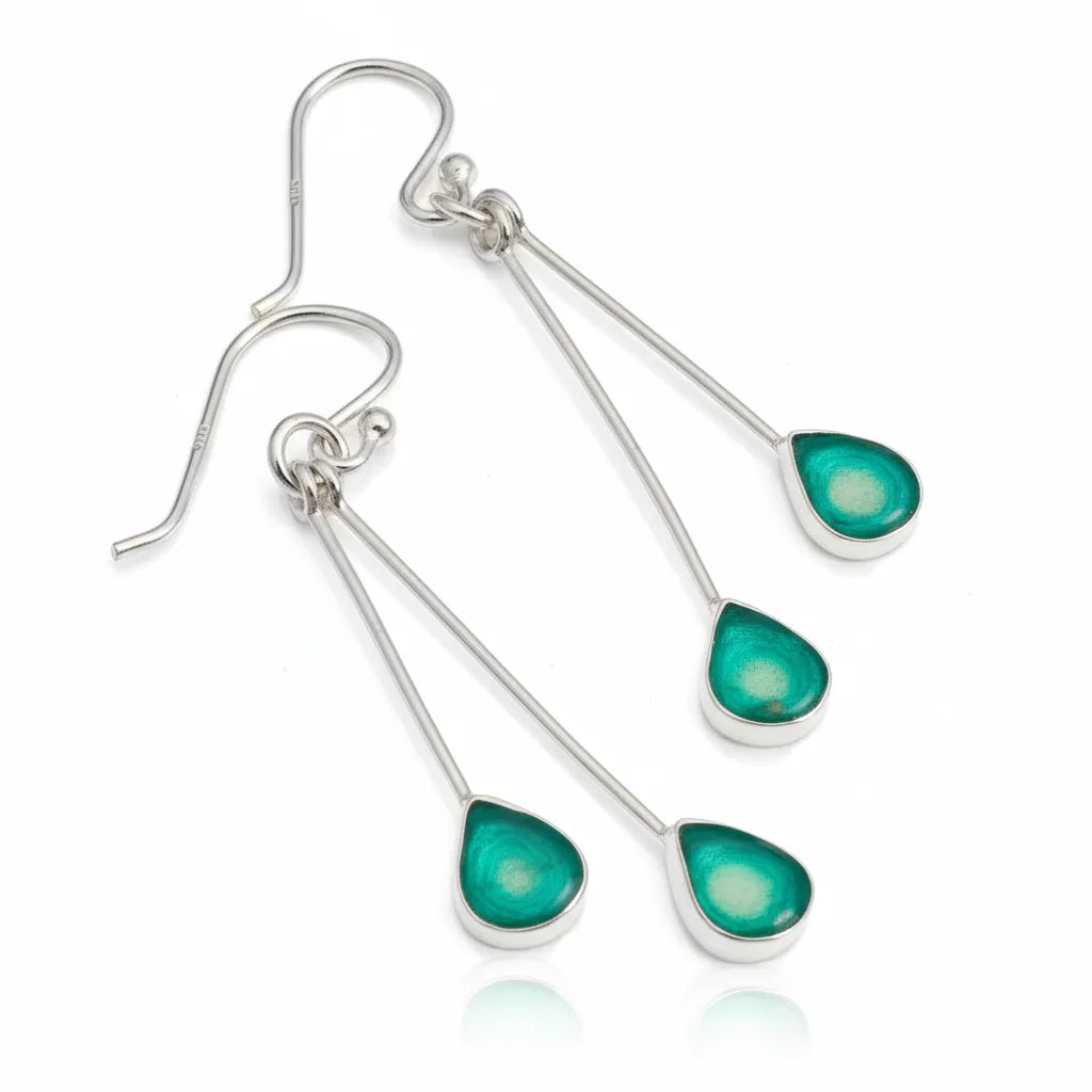 Sterling Silver Teardrop Earrings with handpainted green yellow resin inset