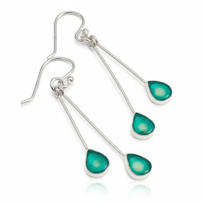 Sterling Silver Teardrop Earrings with handpainted green yellow resin inset