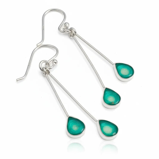 Sterling Silver Teardrop Earrings with handpainted green yellow resin inset