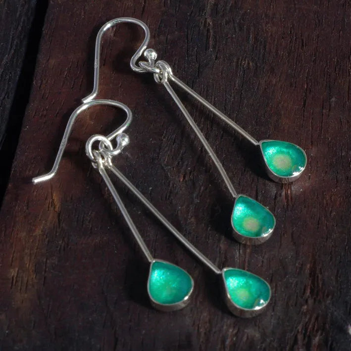 Sterling Silver Teardrop Earrings with handpainted green yellow resin inset