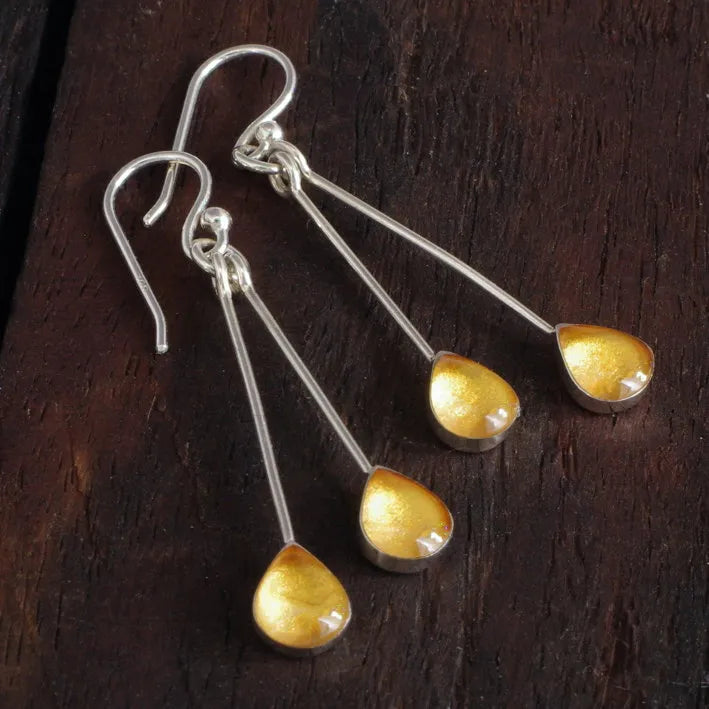 Sterling Silver Teardrop Earrings with handpainted yellow resin inset