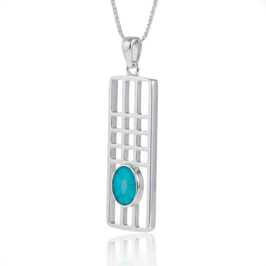Sterling Silver Mackintosh Style Pendant with handpainted turquoise resin inset & box chain