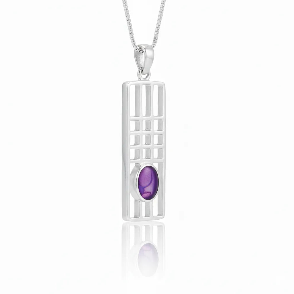 Sterling Silver Mackintosh Style Pendant with handpainted violet resin inset & box chain