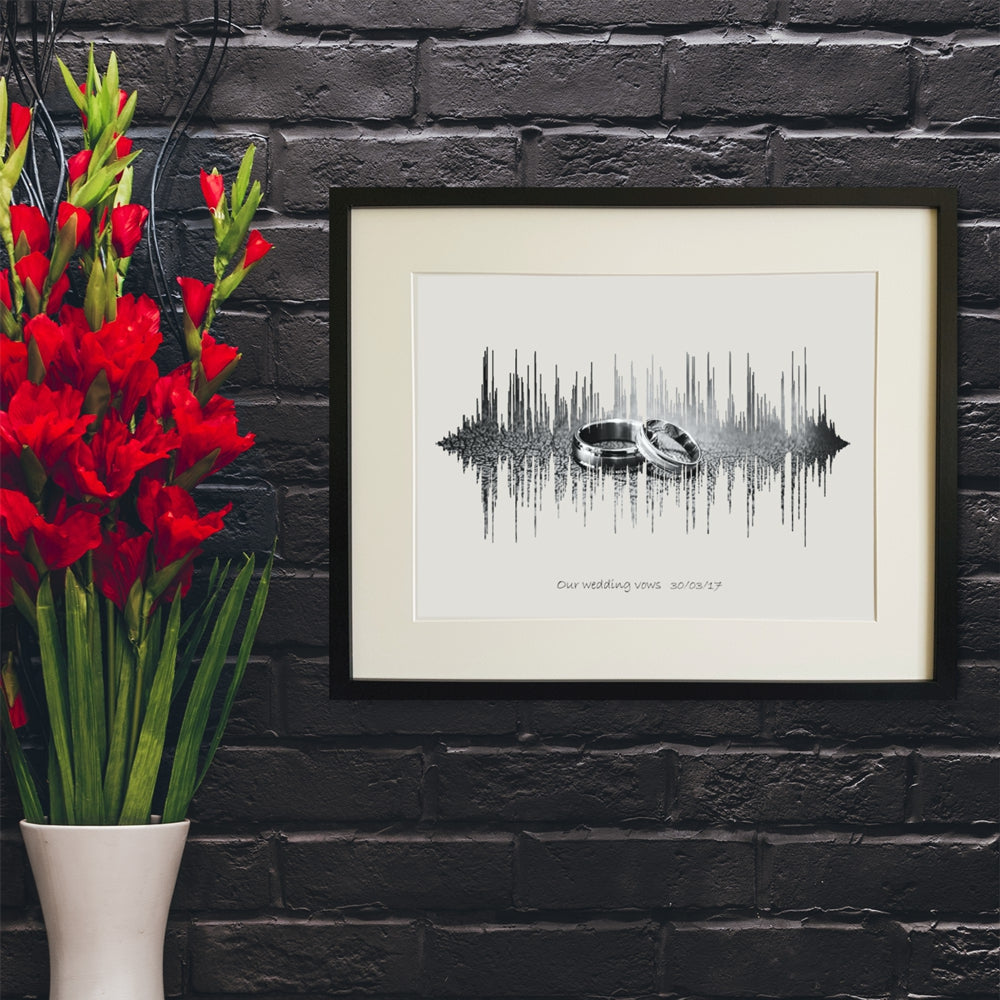 Wedding vows soundwave print with rings