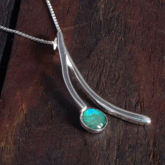 Sterling Silver Wishbone Pendant with handpainted turquoise resin inset & box chain