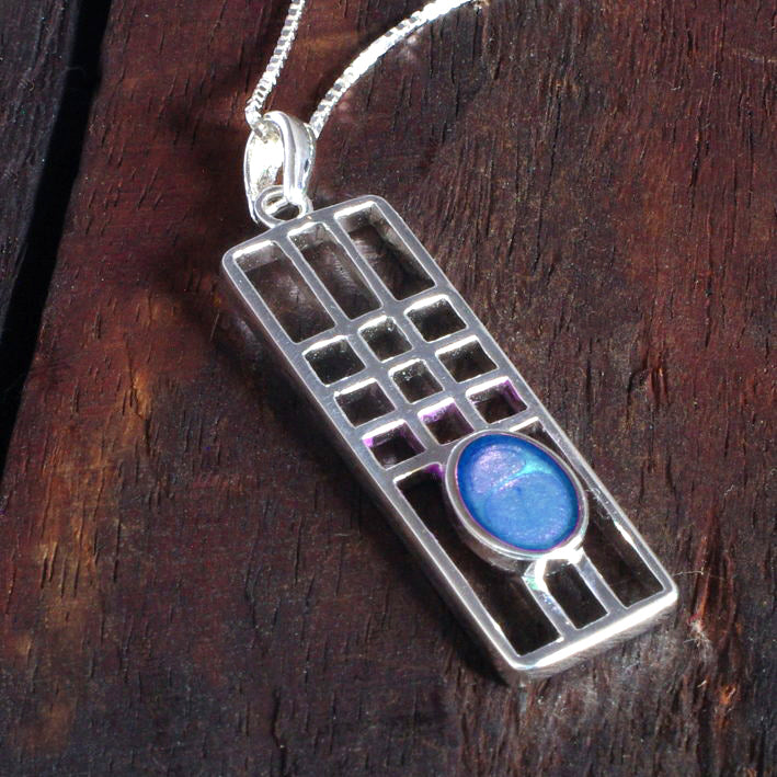 Sterling Silver Mackintosh Style Pendant with handpainted aqua blue resin inset & box chain