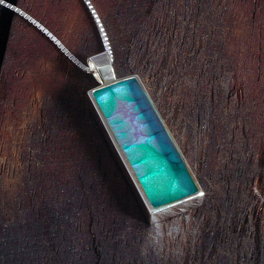 Sterling Silver Bar Pendant with handpainted blue purple resin inset & box chain