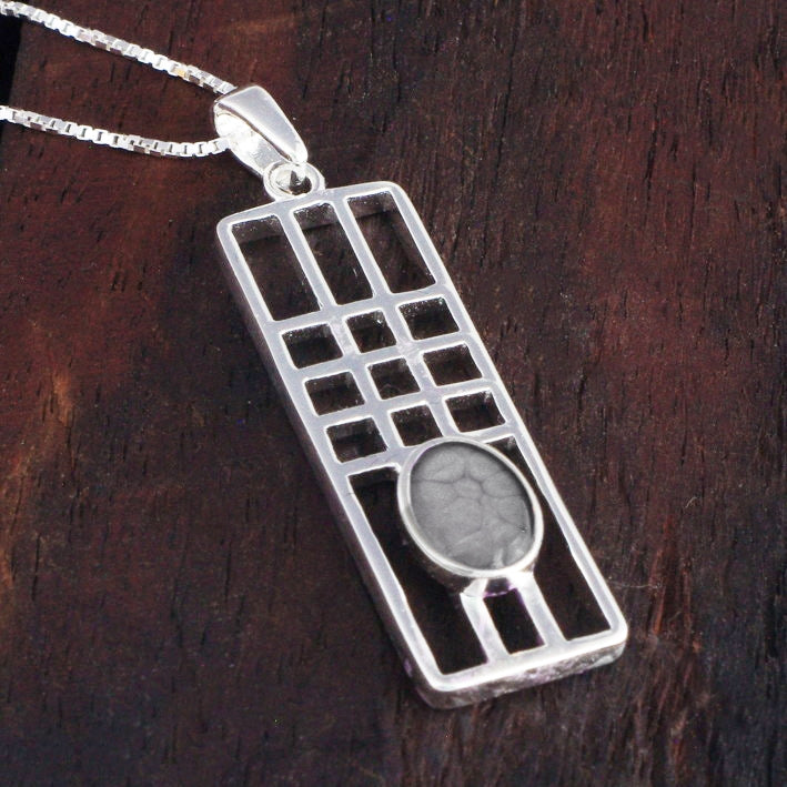 Sterling Silver Mackintosh Style Pendant with handpainted silver grey resin inset & box chain