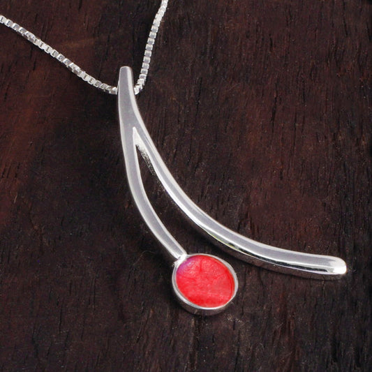 Sterling Silver Wishbone Pendant with handpainted red resin inset & box chain