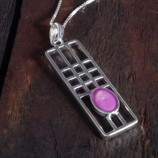 Sterling Silver Mackintosh Style Pendant with handpainted violet resin inset & box chain