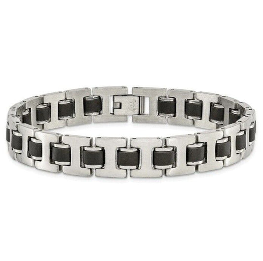 Stainless Steel 8.5" Slim H Link with Black Rubber Inlay Bracelet
